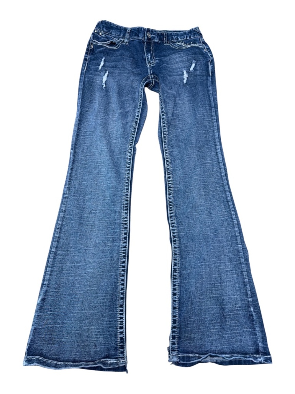Y2K Ariya Bootcut Flare Jeans Embellished Flap Pockets Stretch Size 9/10